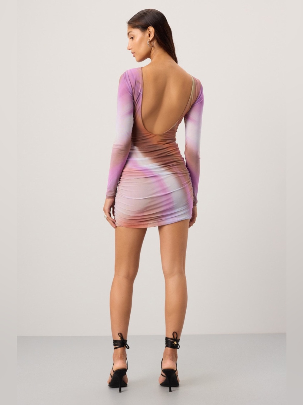 AFRM Tie-Dye Ruched Long-Sleeve Mini Dress - Pink & Brown - Picture 3 of 7